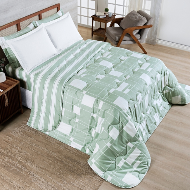 Edredom Cobertor Super King 400 Fios Percal Matelassê Dupla Face Premier Estampado Geometric Verde