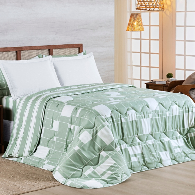 Edredom Cobertor Super King 400 Fios Percal Matelassê Dupla Face Premier Estampado Geometric Verde