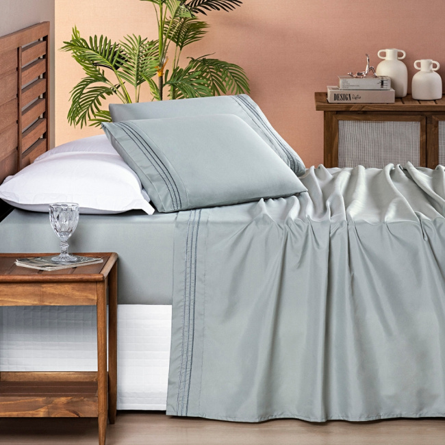 Jogo de Lençol Casal 4 Peças Paris Percal 300 Fios Bordado Cinza Geada