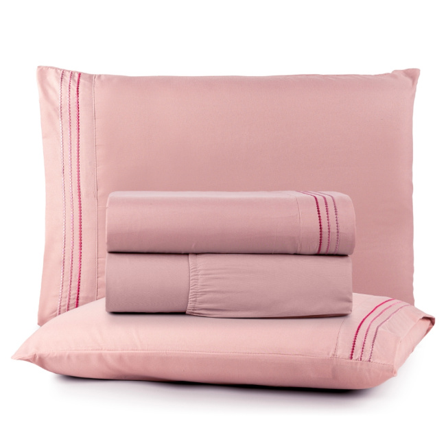 Jogo de Lençol Casal 4 Peças Paris Percal 300 Fios Bordado Sal Rosa
