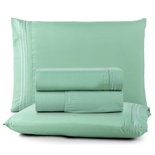 Jogo de Lençol Casal 4 Peças Paris Percal 300 Fios Bordado Salvia