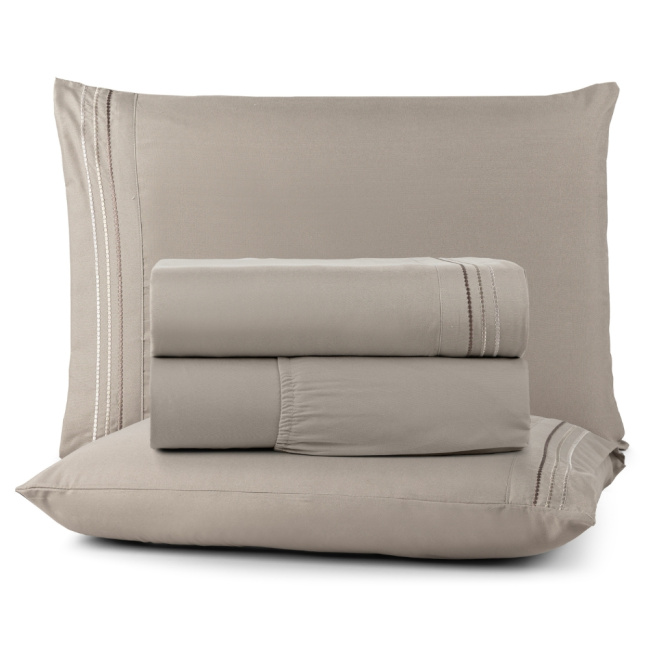 Jogo de Lençol Casal 4 Peças Paris Percal 300 Fios Bordado Taupe