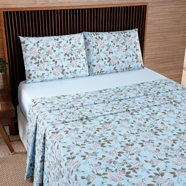 Jogo de Lençol Casal 4 Peças Percal 200 Fios Algodão Confort Estampado Floral Azul