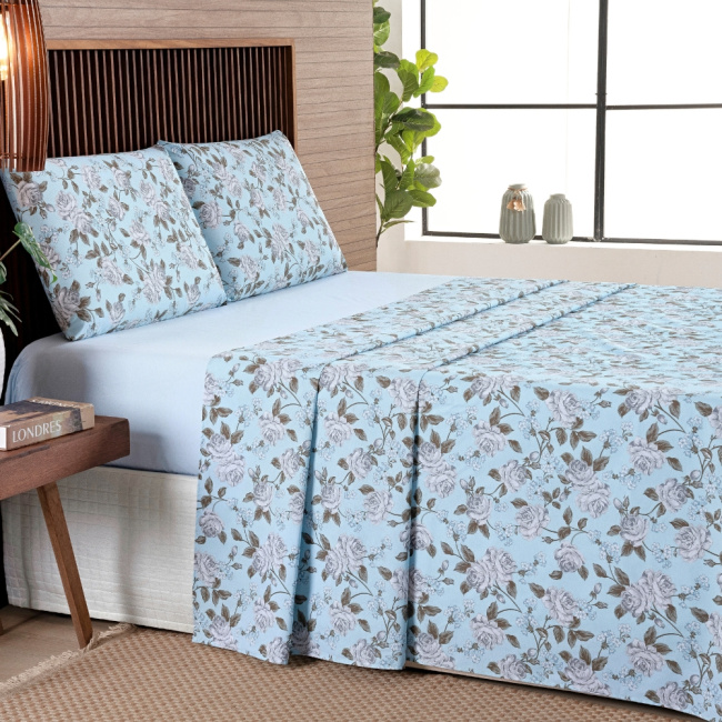 Jogo de Lençol Casal 4 Peças Percal 200 Fios Algodão Confort Estampado Floral Azul