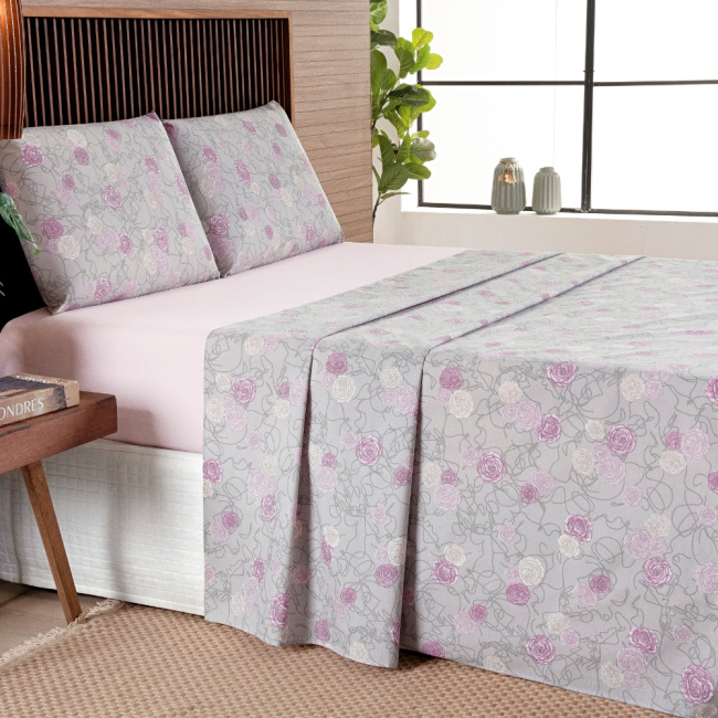 Jogo de Lençol Casal 4 Peças Percal 200 Fios Algodão Confort Estampado Floral Rosa