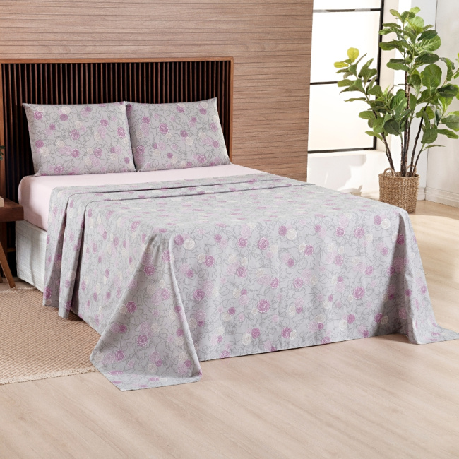 Jogo de Lençol Casal 4 Peças Percal 200 Fios Algodão Confort Estampado Floral Rosa