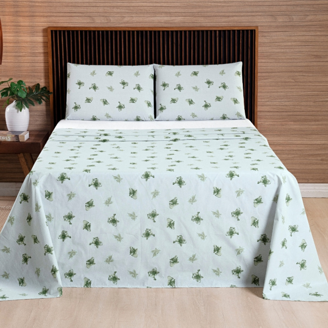 Jogo de Lençol Casal 4 Peças Percal 200 Fios Algodão Confort Estampado Lírio Verde