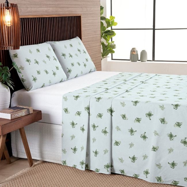 Jogo de Lençol Casal 4 Peças Percal 200 Fios Algodão Confort Estampado Lírio Verde