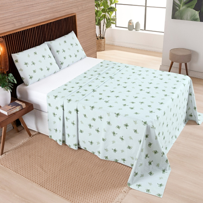 Jogo de Lençol Casal 4 Peças Percal 200 Fios Algodão Confort Estampado Lírio Verde