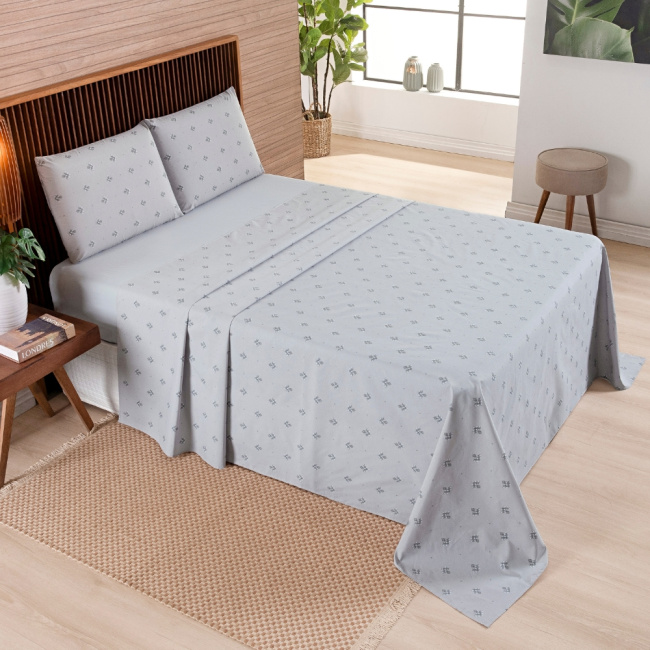 Jogo de Lençol Casal 4 Peças Percal 200 Fios Algodão Confort Estampado Lótus Cinza