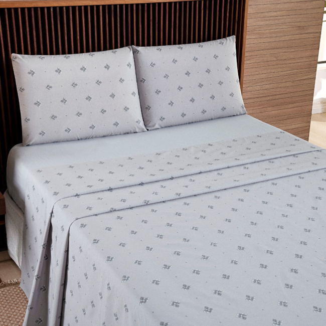 Jogo de Lençol Casal 4 Peças Percal 200 Fios Algodão Confort Estampado Lótus Cinza