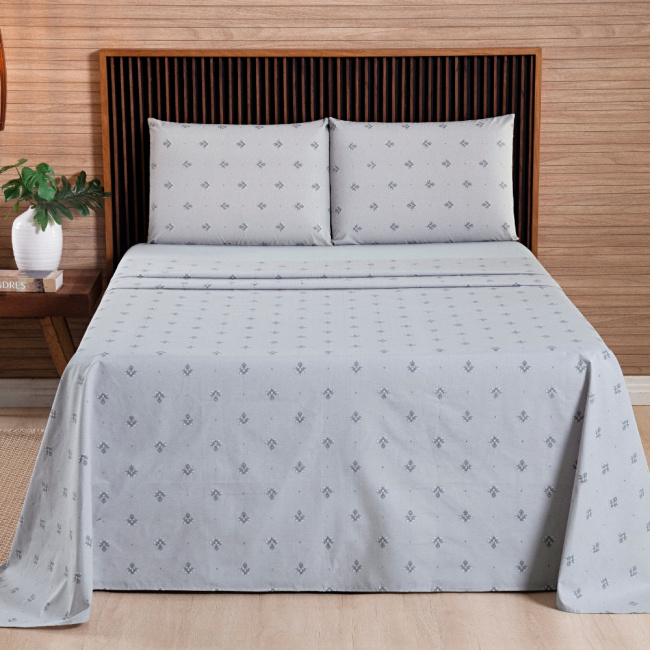 Jogo de Lençol Casal 4 Peças Percal 200 Fios Algodão Confort Estampado Lótus Cinza