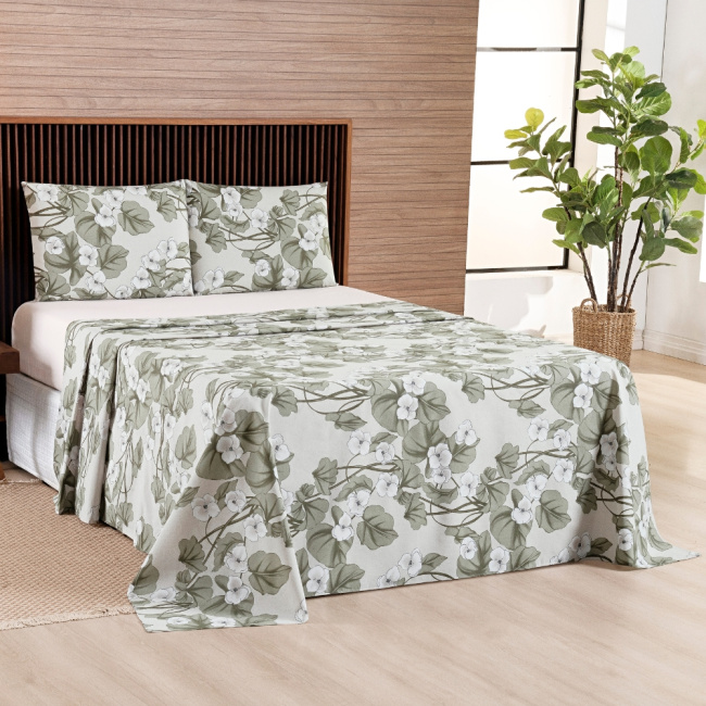 Jogo de Lençol Casal 4 Peças Percal 200 Fios Algodão Confort Estampado Magnólia Palha