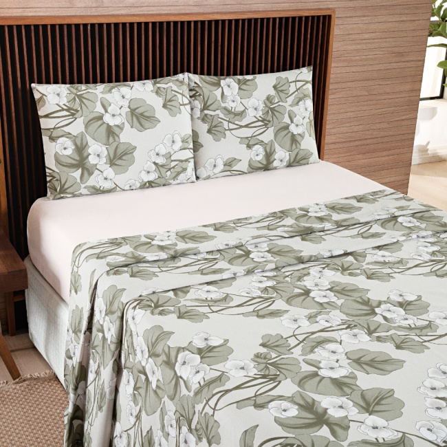 Jogo de Lençol Casal 4 Peças Percal 200 Fios Algodão Confort Estampado Magnólia Palha