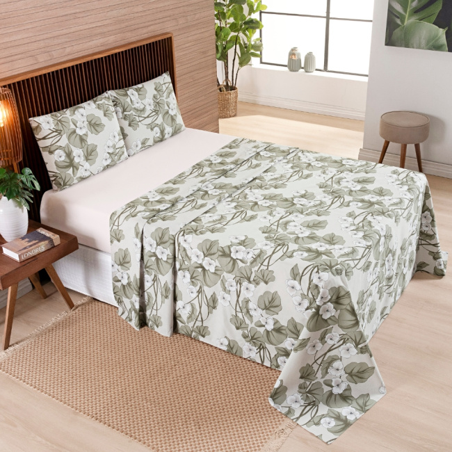 Jogo de Lençol Casal 4 Peças Percal 200 Fios Algodão Confort Estampado Magnólia Palha