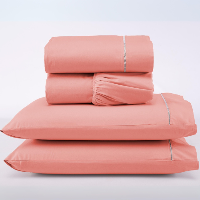 Jogo de Lençol Casal 4 Peças Percal 200 Fios Algodão Ponto Palito Confort Coral