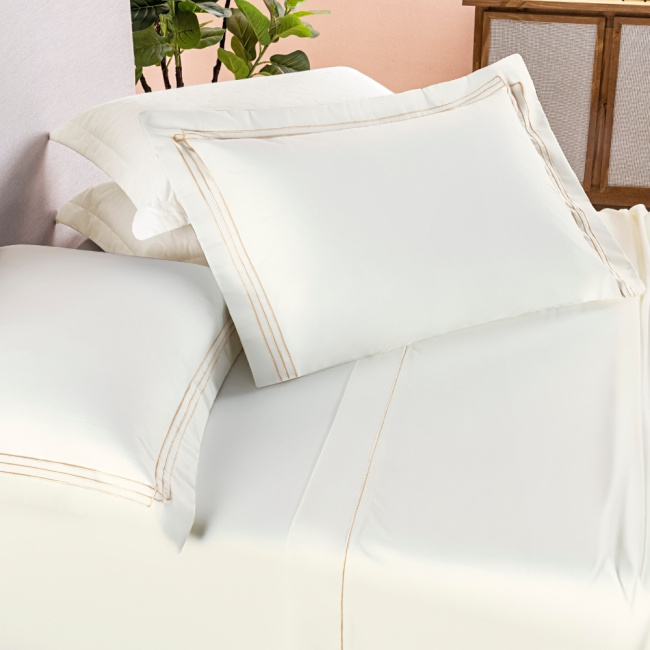 Jogo de Lençol Casal 4 Peças Percal 400 Fios Bordado Com Aba Americana Moscou Palha