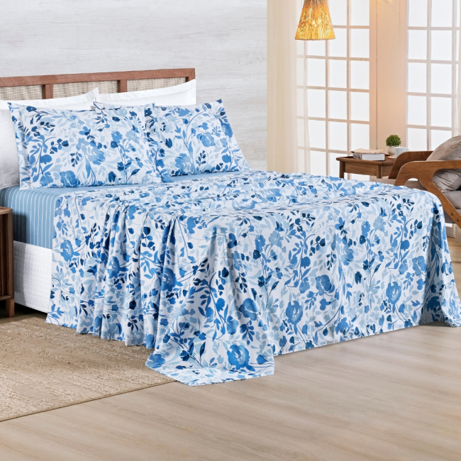 Jogo de Lençol Casal 4 Peças Percal 400 Fios Premier Estampado Floral Azul