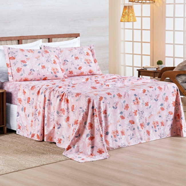 Jogo de Lençol Casal 4 Peças Percal 400 Fios Premier Estampado Floral Rosa