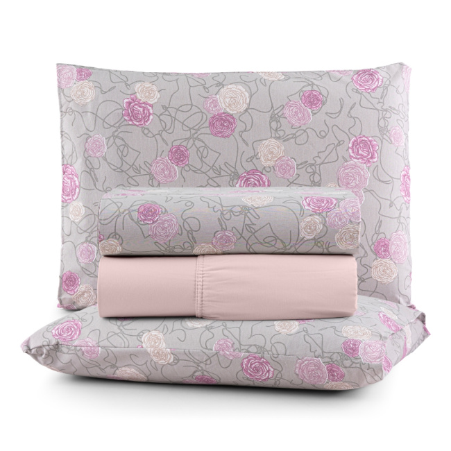 Jogo de Lençol Casal 4 Peças Percal 200 Fios Algodão Confort Estampado Floral Rosa