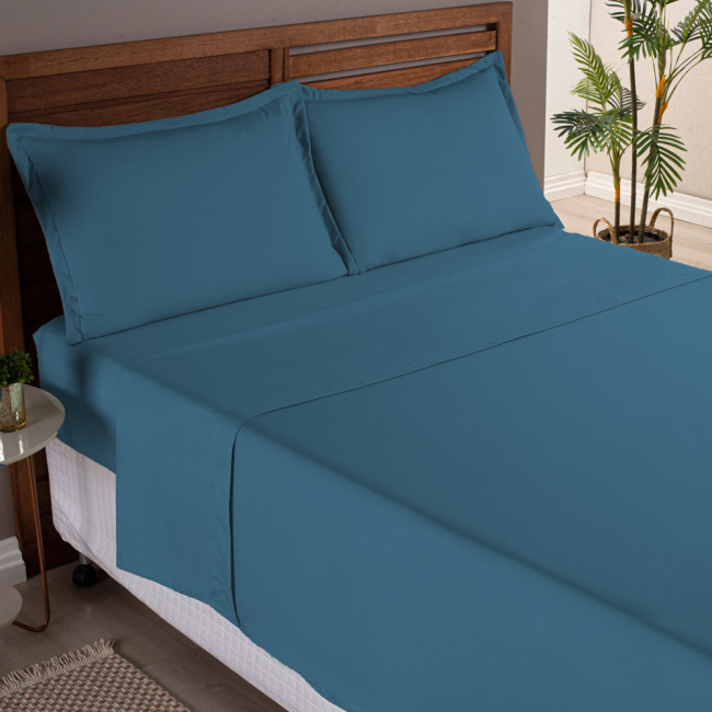 Jogo de Lençol Completo Percal 300 Fios Com Aba Americana Charme Marinho