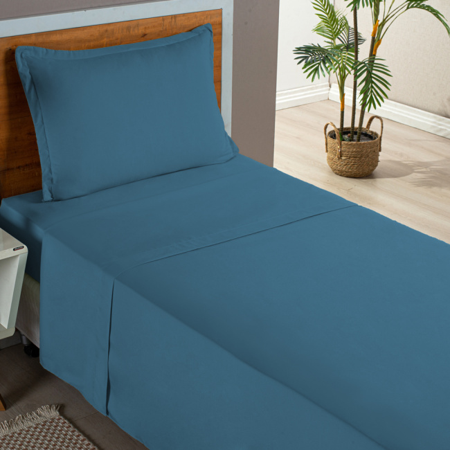 Jogo de Lençol Completo Percal 300 Fios Com Aba Americana Charme Marinho