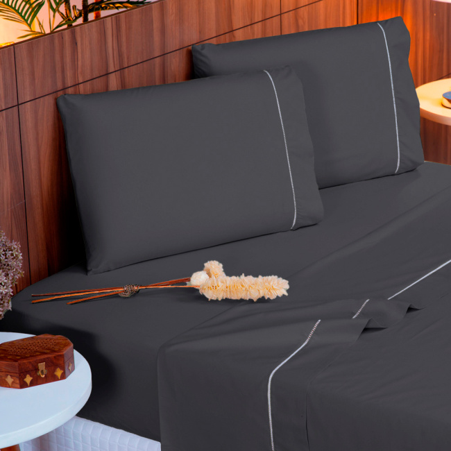 Jogo de Lençol Completo Percal 400 Fios Ponto Palito Grafite