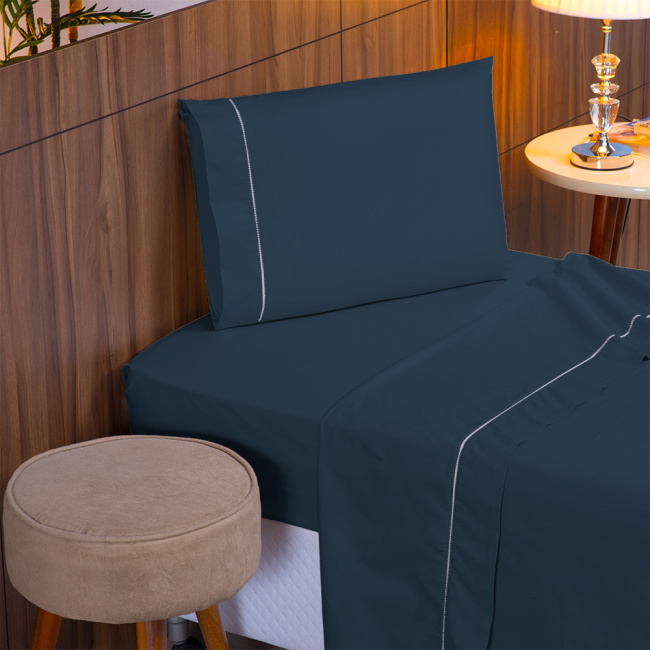 Jogo de Lençol Completo Percal 400 Fios Ponto Palito Marinho