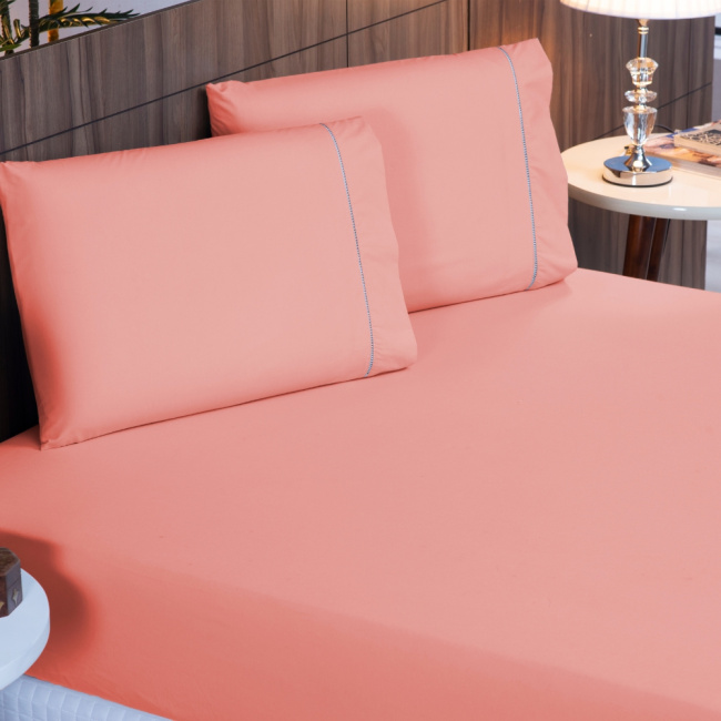 Jogo de Lençol King 3 Peças Percal 200 Fios Algodão Ponto Palito Confort Coral