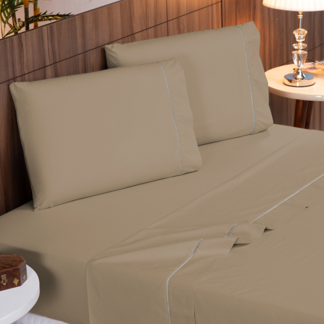 Jogo de Lençol King 4 Peças Percal 200 Fios Algodão Ponto Palito Confort Cáqui