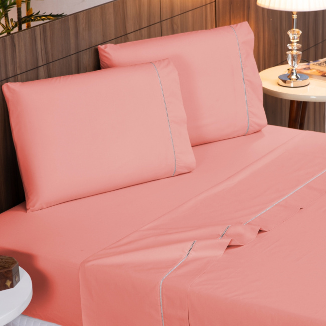 Jogo de Lençol King 4 Peças Percal 200 Fios Algodão Ponto Palito Confort Coral