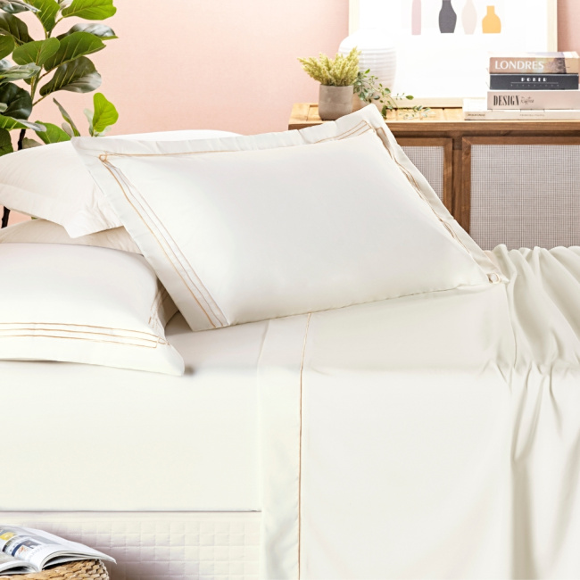 Jogo de Lençol King 4 Peças Percal 400 Fios Bordado Com Aba Americana Moscou Palha