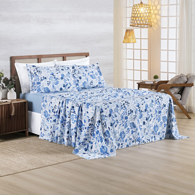 Jogo de Lençol King 4 Peças Percal 400 Fios Estampado Premier Floral Azul