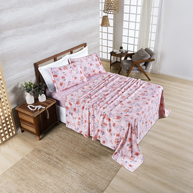 Jogo de Lençol King 4 Peças Percal 400 Fios Estampado Premier Floral Rosa