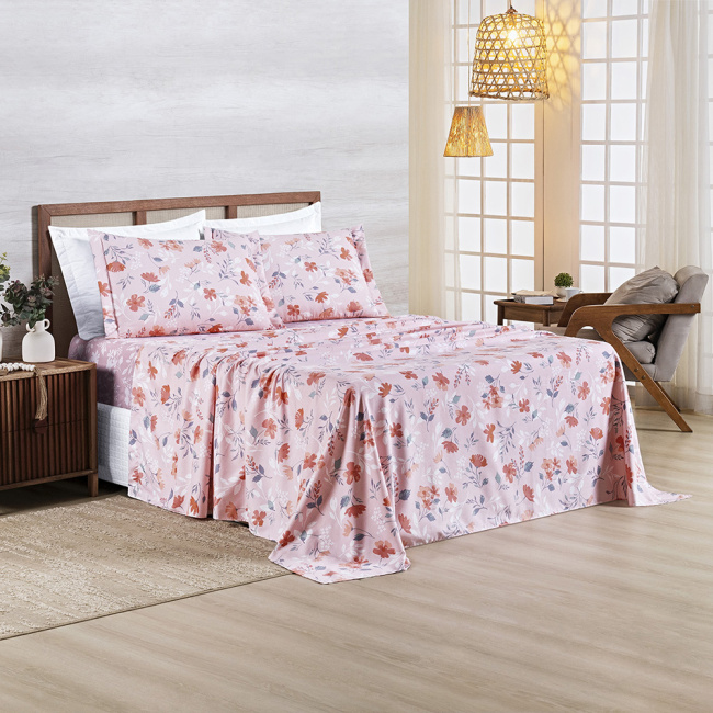 Jogo de Lençol King 4 Peças Percal 400 Fios Estampado Premier Floral Rosa