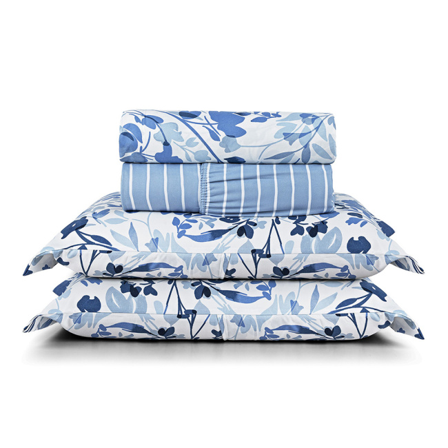 Jogo de Lençol King 4 Peças Percal 400 Fios Premier Estampado Floral Azul