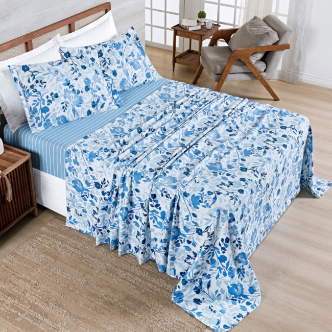 Jogo de Lençol King 4 Peças Percal 400 Fios Premier Estampado Floral Azul