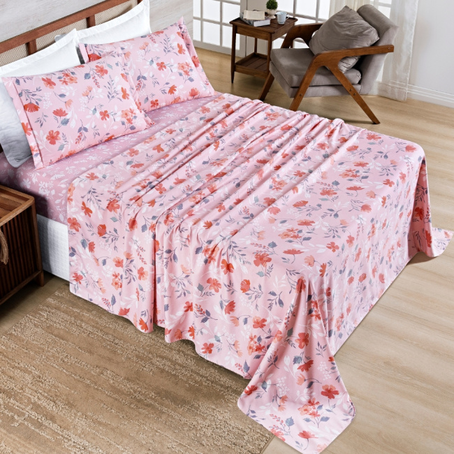 Jogo de Lençol King 4 Peças Percal 400 Fios Premier Estampado Floral Rosa