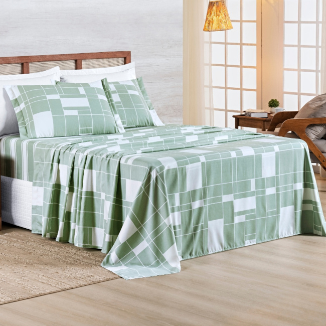 Jogo de Lençol King 4 Peças Percal 400 Fios Premier Estampado Geometric Verde