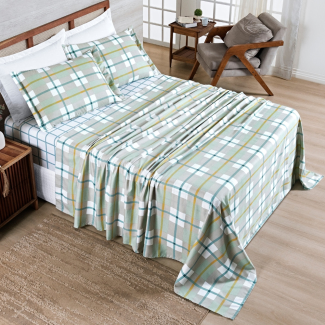 Jogo de Lençol King 4 Peças Percal 400 Fios Premier Estampado Grid Verde