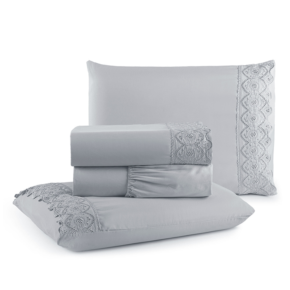 Jogo de Lençol King Napoli Percal 300 Fios Bordado Cinza - Linda