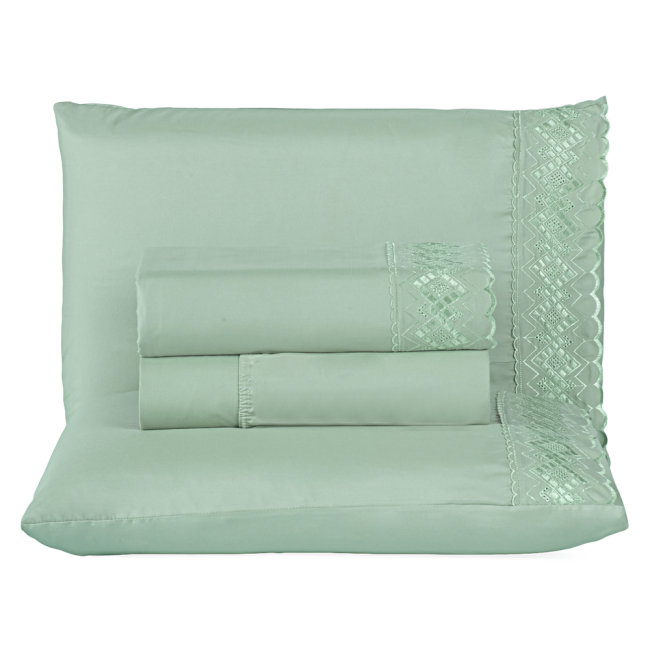 Jogo de Lençol King Size 4 Peças Napoli Percal 300 Fios Lese Bordado Inglês Verde