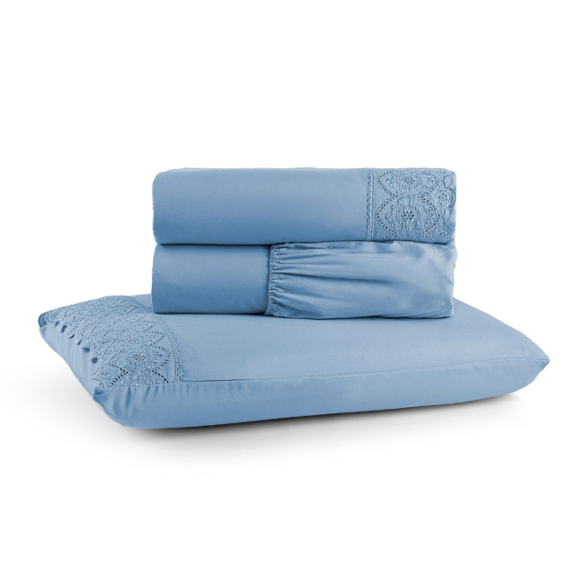 Jogo de Lençol Napoli Percal 300 Fios Lese Bordado Inglês Azul