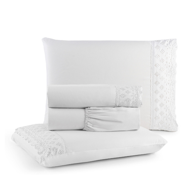 Jogo de Lençol Napoli Percal 300 Fios Lese Bordado Inglês Branco