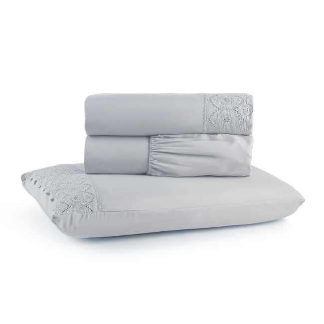 Jogo de Lençol Napoli Percal 300 Fios Lese Bordado Inglês Cinza