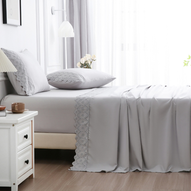 Jogo de Lençol Napoli Percal 300 Fios Lese Bordado Inglês Cinza