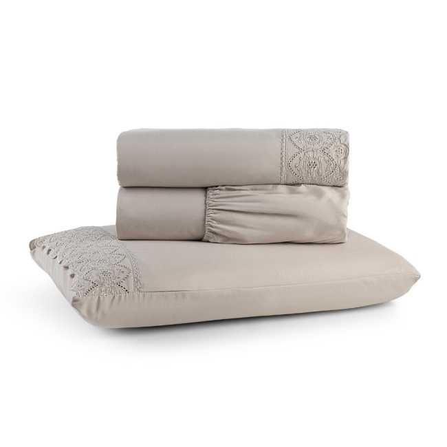 Jogo de Lençol Napoli Percal 300 Fios Lese Bordado Inglês Fendi