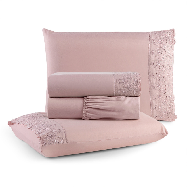Jogo de Lençol Napoli Percal 300 Fios Lese Bordado Inglês Rosê