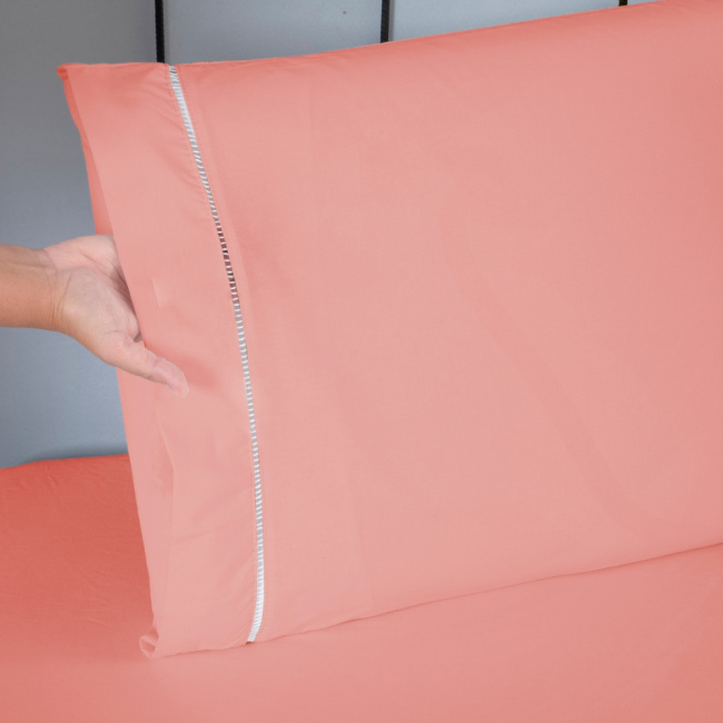 Jogo de Lençol Queen 3 Peças Percal 200 Fios Algodão Ponto Palito Confort Coral