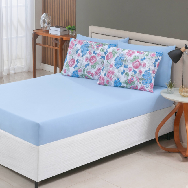 Jogo de Lençol Queen 3 Peças Versalhes Malha 100% Algodão Estampado Floral Azul